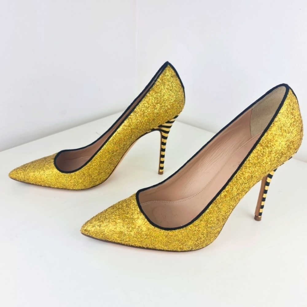 J.Crew Women Roxie Black Gold Glitter Striped Heels Party Size 9 Leather